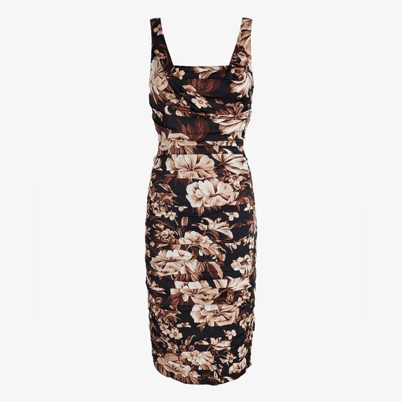 Express Elegant Ruched Floral Midi Dress – Black, Brown & Beige – size 4 - Picture 5 of 16